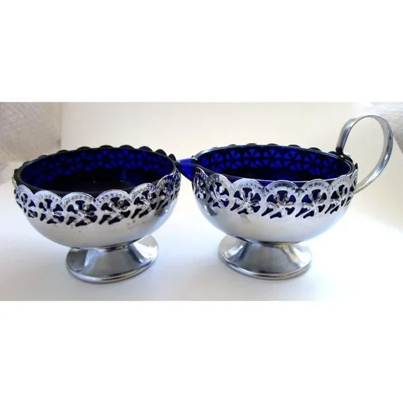 Cobalt Blue Glass and Silver Quality Plate Sugar and Creamer Set - England VTG - Picture 5 of 16